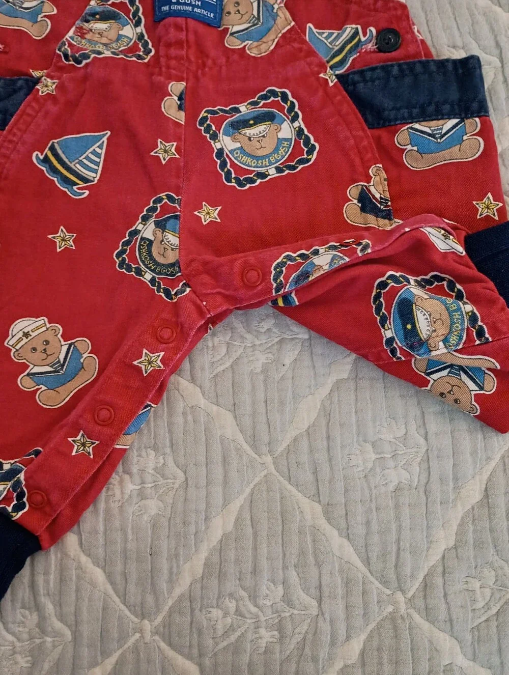 Vintage Oshkosh Red Dinem Overalls Teddy Bear Sailor/Sailboats 3-6 Months Cotton